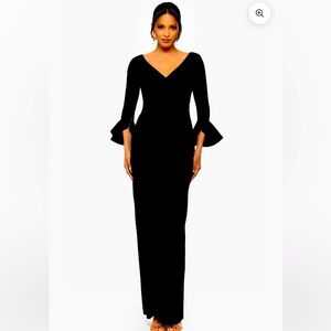 Betsy & Adam Black V-Neck Bell Sleeve Gown